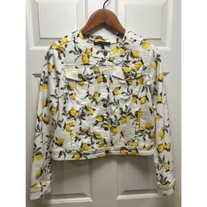 White House Black Market WHBM Lemon Print Denim Jean Trucker Jacket, Size M